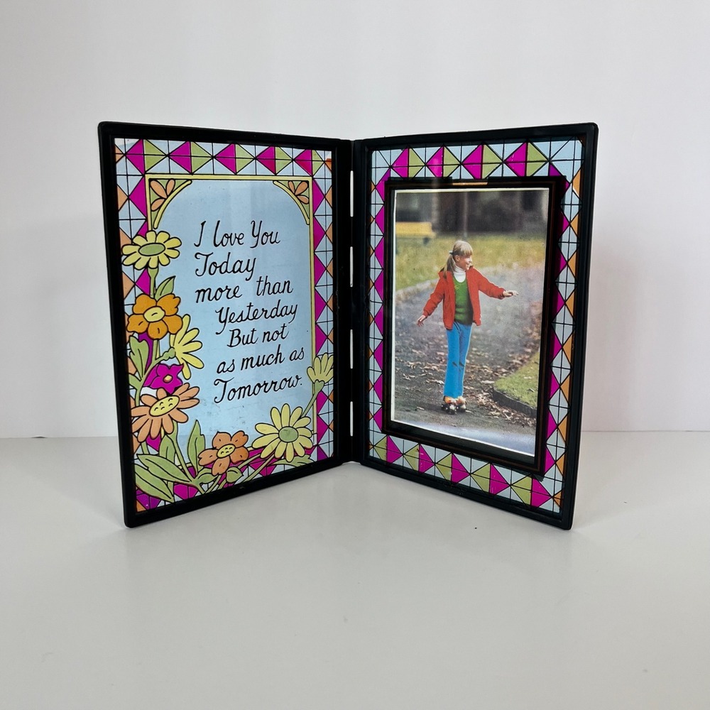 70s Stained Glass style Greetings Remembrance Photo Plaque I Love You Quote Box